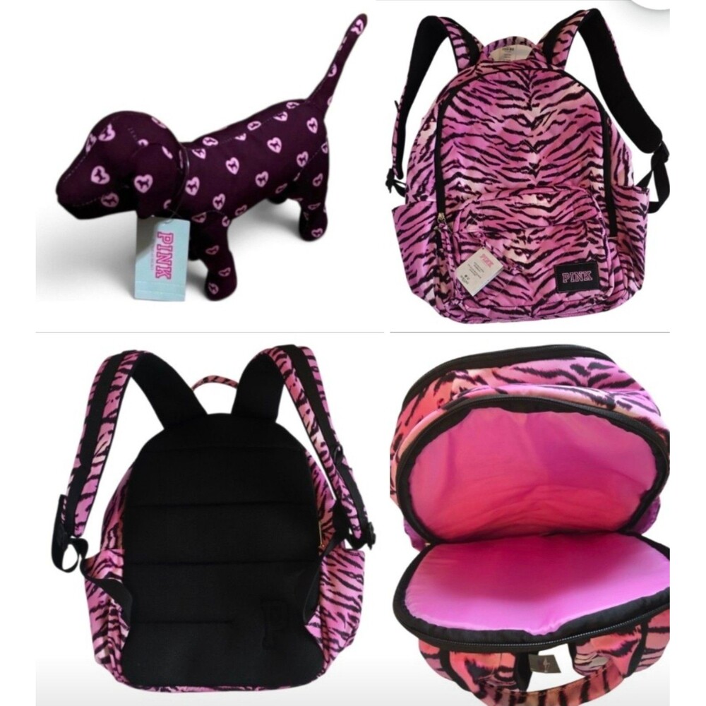 2pc VICTORIA'S SECRET PINK ZEBRA NYLON BACKPACK SCHOOL BAG LAPTOP mini dog NEW